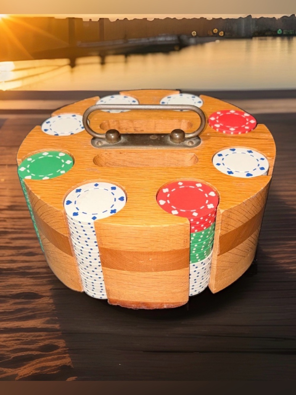 Vintage Wood Rotating Poker Chip Carousel Caddy with Chips and Card Holder